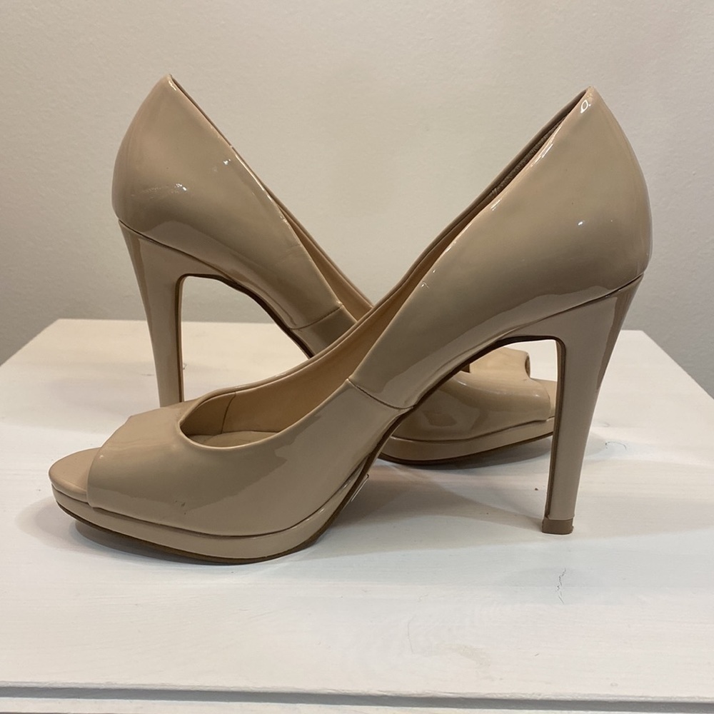 Shiny Nude Peep Toe Heels - Picture 2 of 15